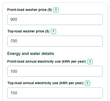 Example inputs for Top Load vs Front Load Washer Lifetime Cost Calculator