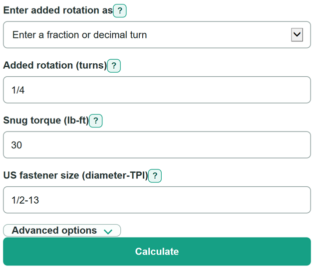 Example inputs for Torque-Angle Bolt Tightening and Turn-of-Nut Calculator
