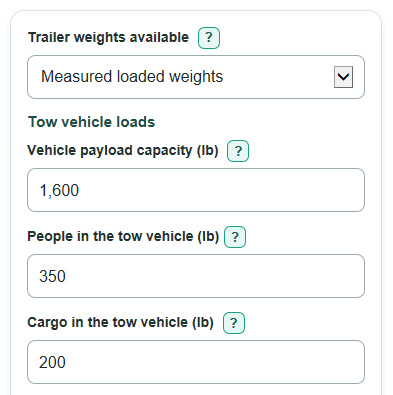 Example inputs for Trailer Towing Capacity and Payload Calculator