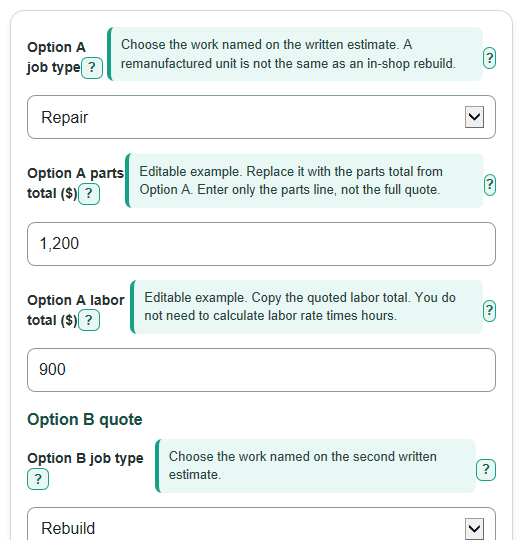 Example inputs for Transmission Repair vs Rebuild vs Replace Cost Calculator
