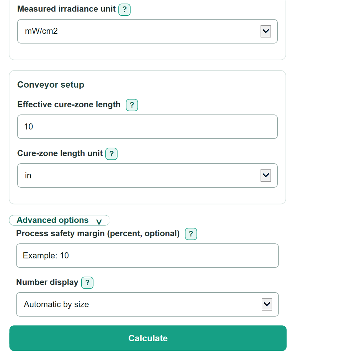 Example inputs for UV Curing Dose, Conveyor Speed and Exposure Time Calculator