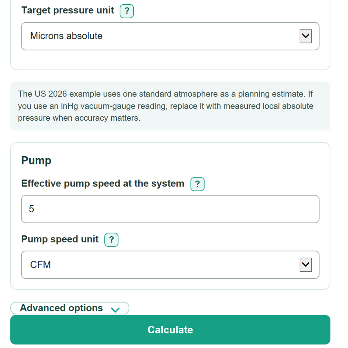 Example inputs for Vacuum Pump Evacuation and Pump-Down Time Calculator