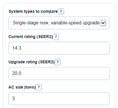 Example inputs for Variable Speed vs Single Stage HVAC Savings Calculator