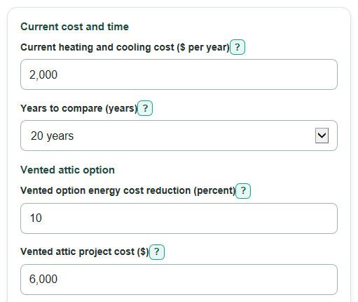 Example inputs for Vented vs Conditioned Attic Lifetime Energy Cost Calculator