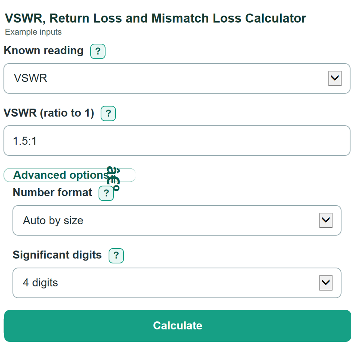 Example inputs for VSWR, Return Loss and Mismatch Loss Calculator