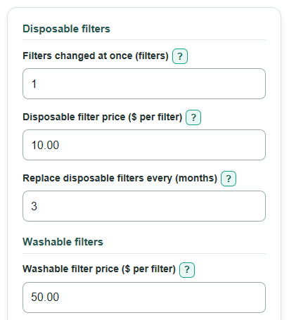 Example inputs for Washable vs Disposable HVAC Filter Lifetime Cost Calculator