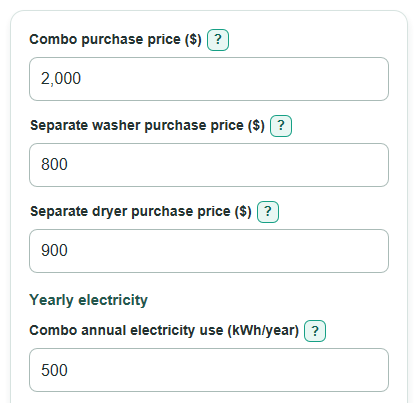 Example inputs for Washer-Dryer Combo vs Separate Units Lifetime Cost Calculator