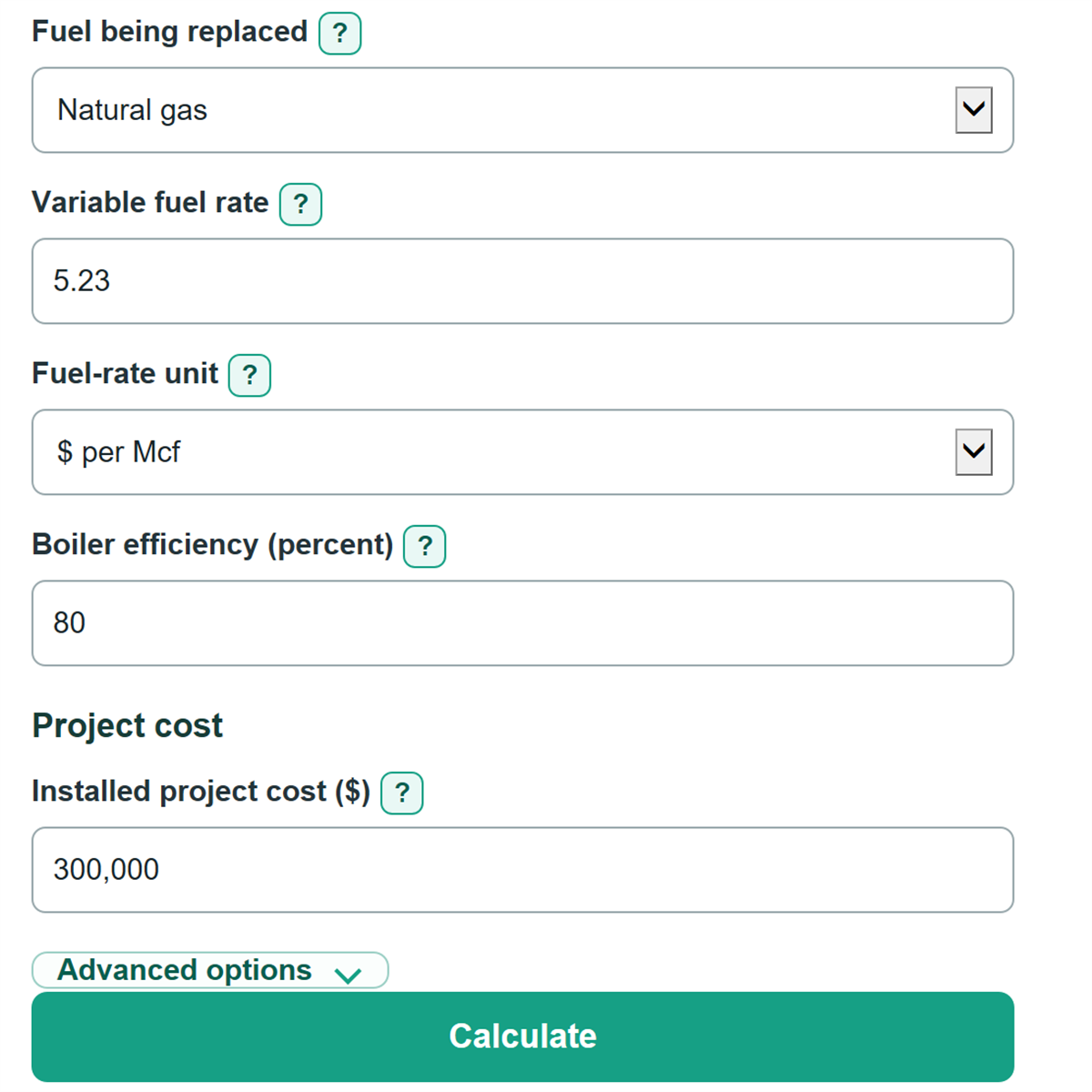 Example inputs for Waste Heat Recovery Energy, Fuel Savings and Payback Calculator