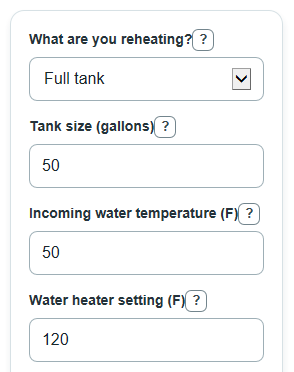 Example inputs for Water Heater Recovery Time Calculator
