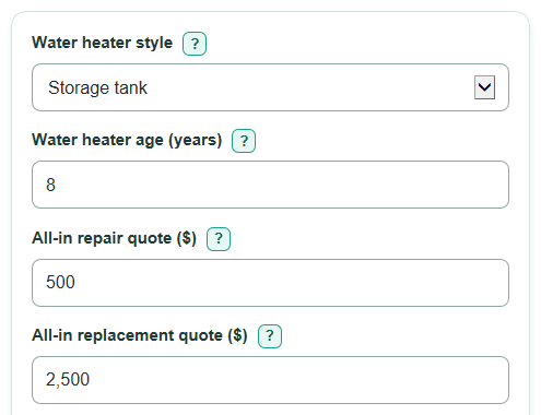 Example inputs for Water Heater Repair or Replace Calculator