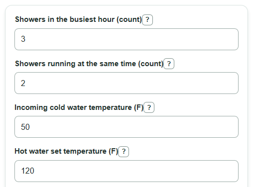 Example inputs for Water Heater Size Calculator