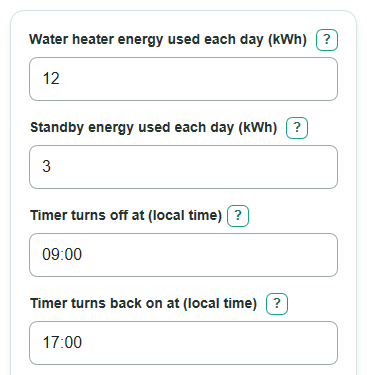 Example inputs for Water Heater Timer Savings Calculator