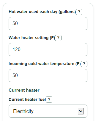 Example inputs for Water Heater UEF Operating Cost Calculator