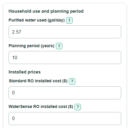 Example inputs for WaterSense vs Standard RO Lifetime Cost Calculator