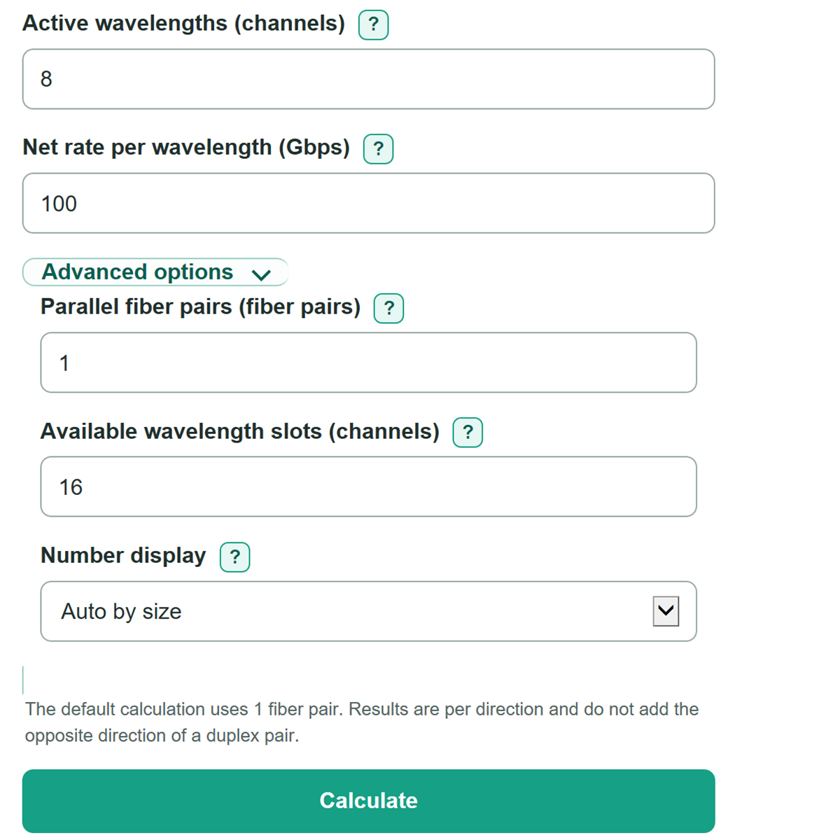 Example inputs for WDM Channel Capacity and Aggregate Throughput Calculator
