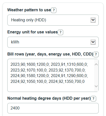 Example inputs for Weather Normalized Home Energy Calculator
