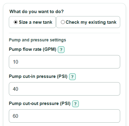 Example inputs for Well Pressure Tank Size and Pump Cycling Calculator
