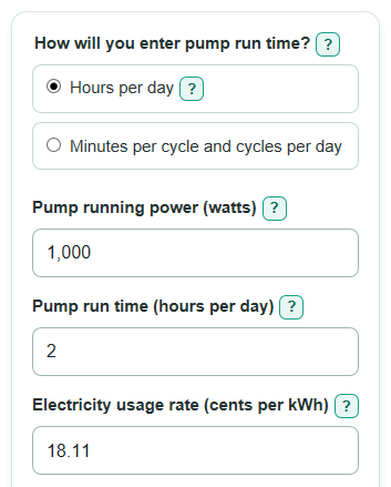 Example inputs for Well Pump Electricity Cost Calculator