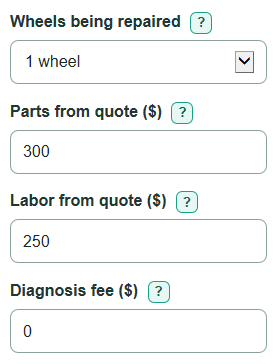 Example inputs for Wheel Bearing Replacement Cost Calculator