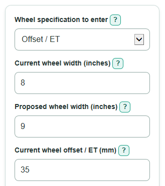Example inputs for Wheel Offset, Backspacing and Fitment Change Calculator