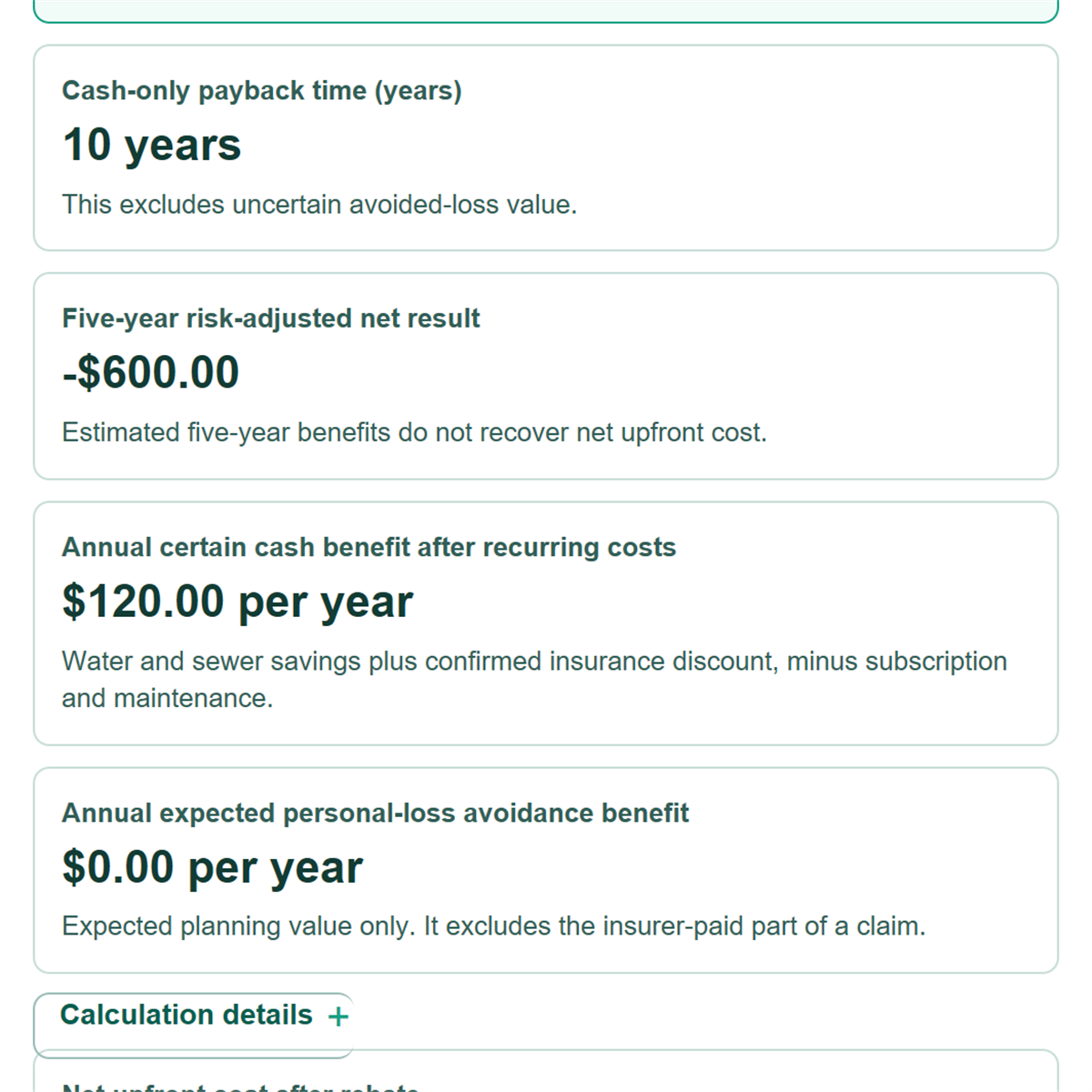 Example results from Whole-House Leak Shutoff Payback Calculator