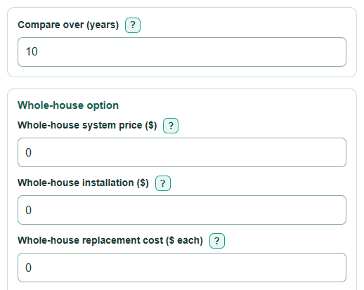 Example inputs for Whole-House vs Under-Sink Water Filter Lifetime Cost Calculator