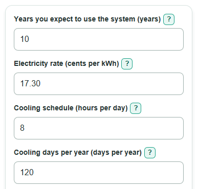 Example inputs for Window AC vs Mini Split Lifetime Cost Calculator