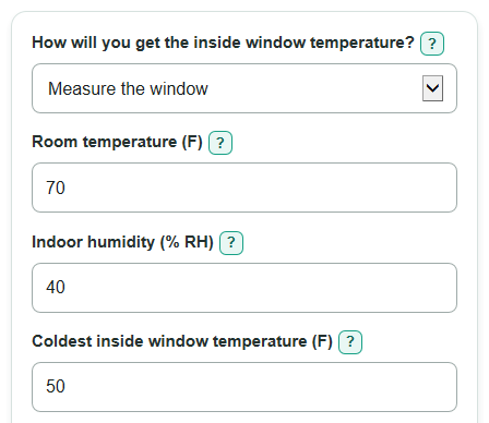 Example inputs for Window Condensation Risk Calculator