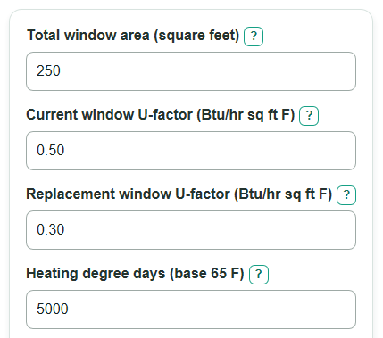 Example inputs for Window Heat Loss Cost Calculator