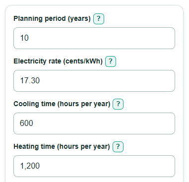 Example inputs for Window Heat Pump vs AC and Space Heater Cost Calculator