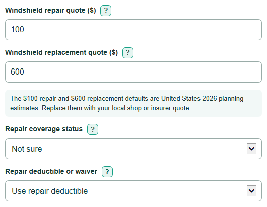 Example inputs for Windshield Repair vs Replacement Out-of-Pocket Cost Calculator