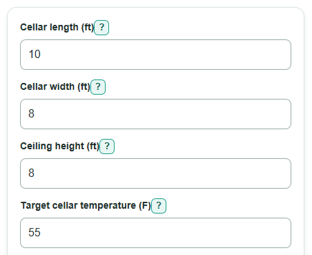 Example inputs for Wine Cellar Cooling Load and Operating Cost Calculator
