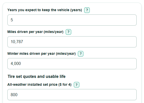 Example inputs for Winter vs All-Weather Tires Lifetime Cost Calculator