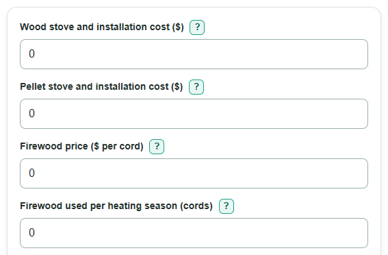 Example inputs for Wood Stove vs Pellet Stove Cost Calculator