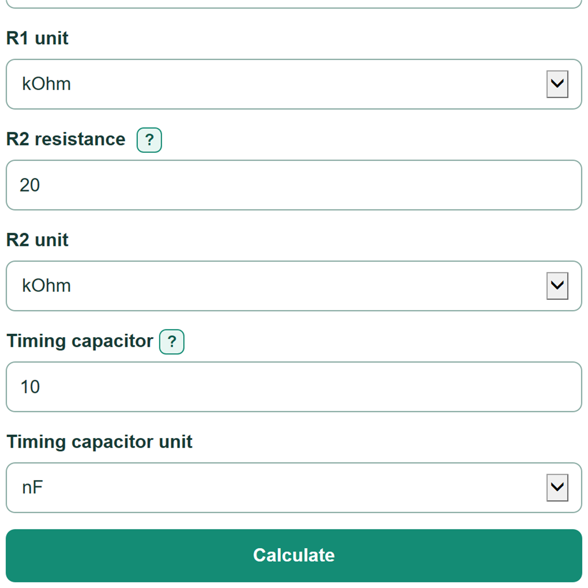 Example inputs for 555 Timer Calculator