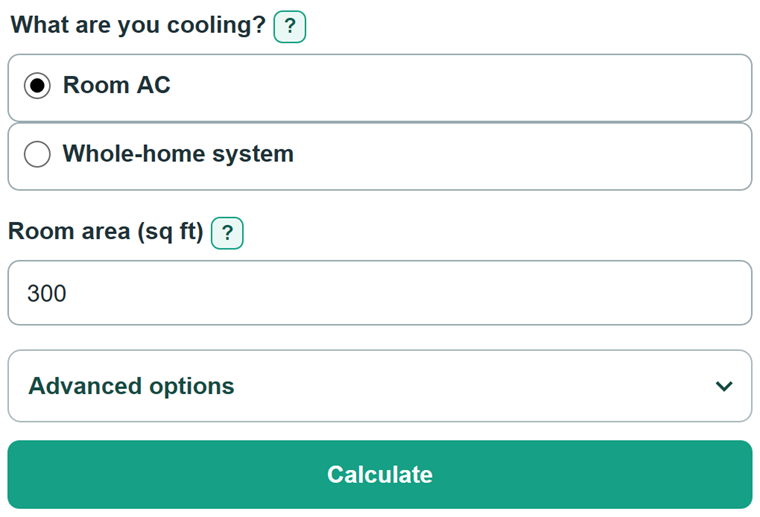 Example inputs for AC Size Calculator