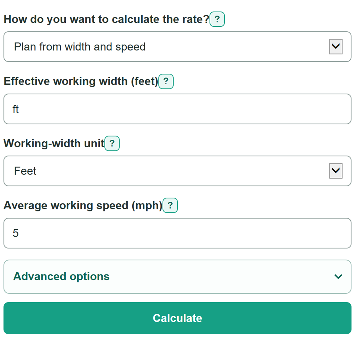 Example inputs for Acres Per Hour Calculator