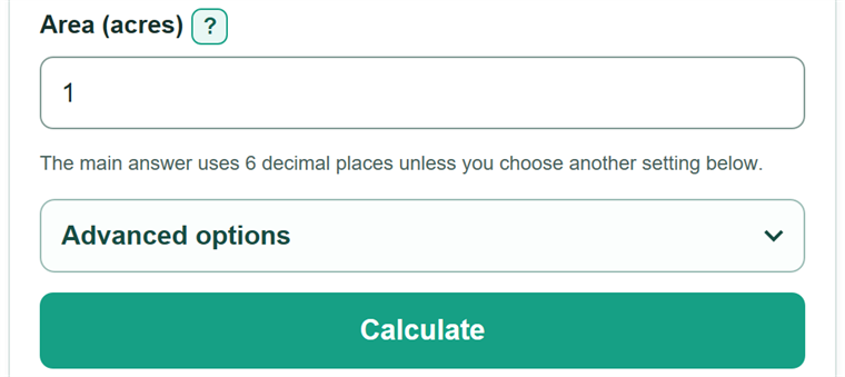 Example inputs for Acres to Square Kilometers Converter