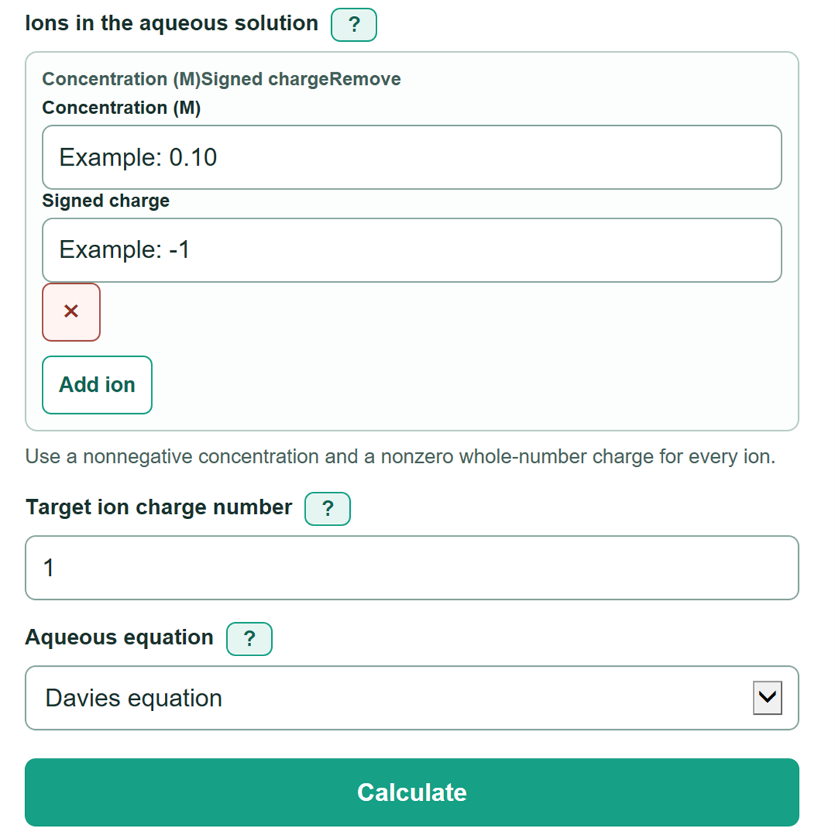 Example inputs for Activity Coefficient Calculator