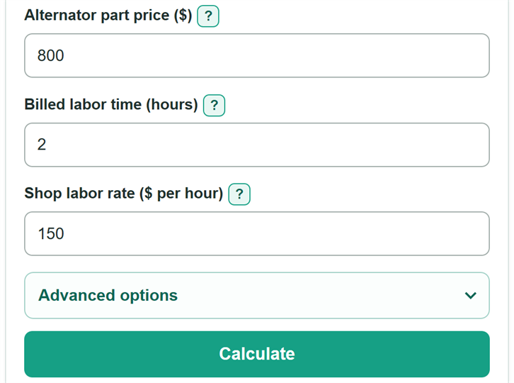 Example inputs for Alternator Replacement Cost Calculator