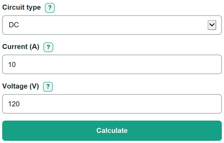 Example inputs for Amps to Kilowatts Calculator