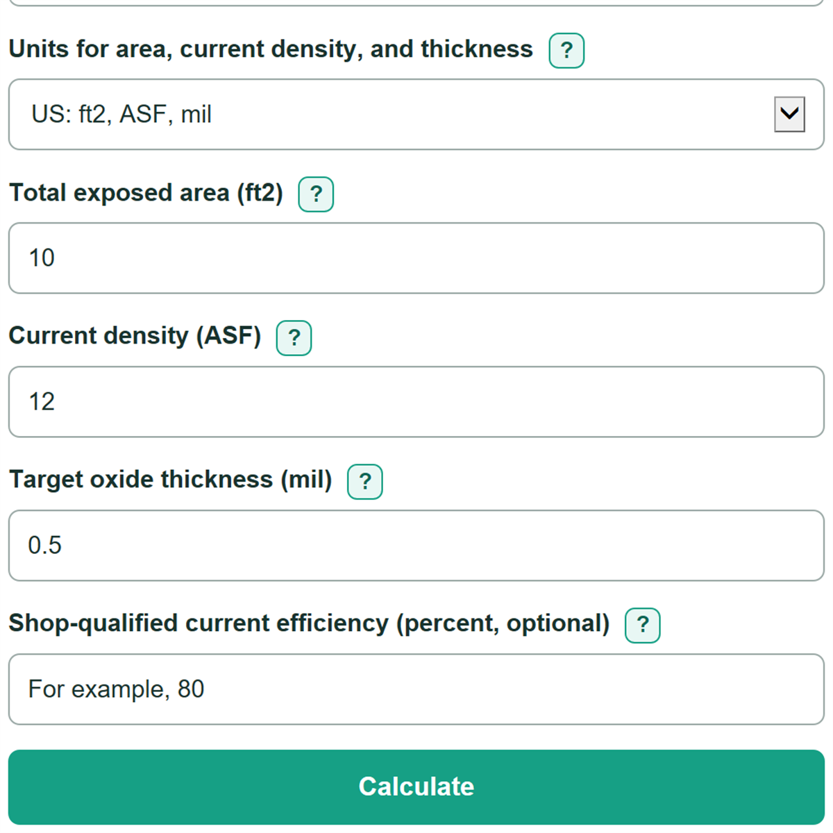 Example inputs for Anodizing Current Density, Time and Oxide Thickness Calculator