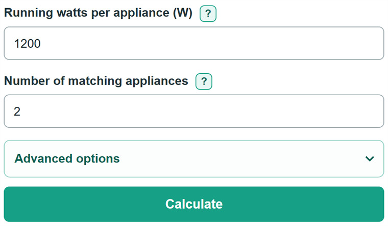 Example inputs for Appliance Wattage Calculator