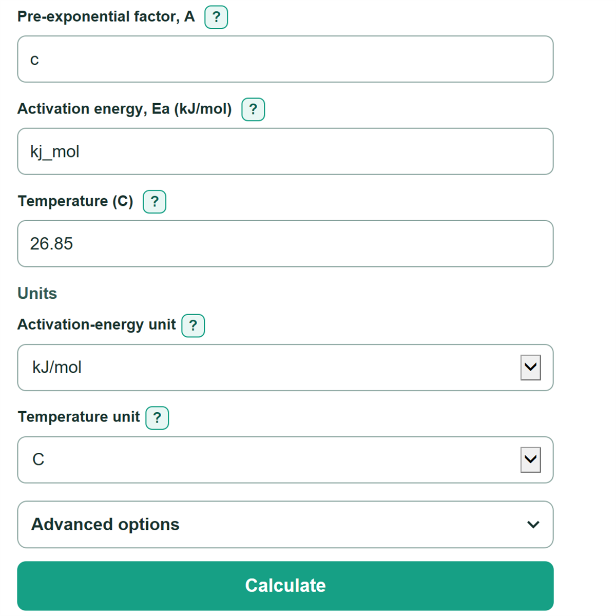 Example inputs for Arrhenius Equation Calculator