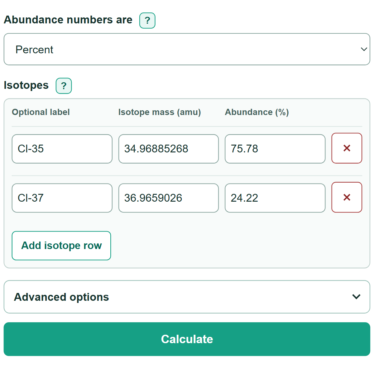 Example inputs for Atomic Mass Calculator
