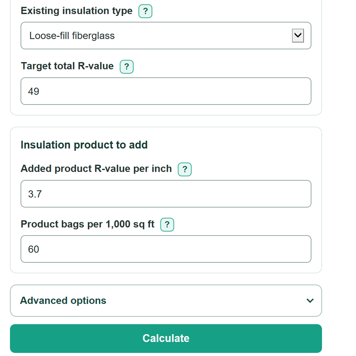 Example inputs for Attic Insulation Calculator