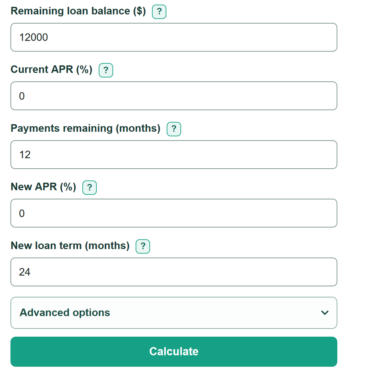Example inputs for Auto Loan Refinance Calculator