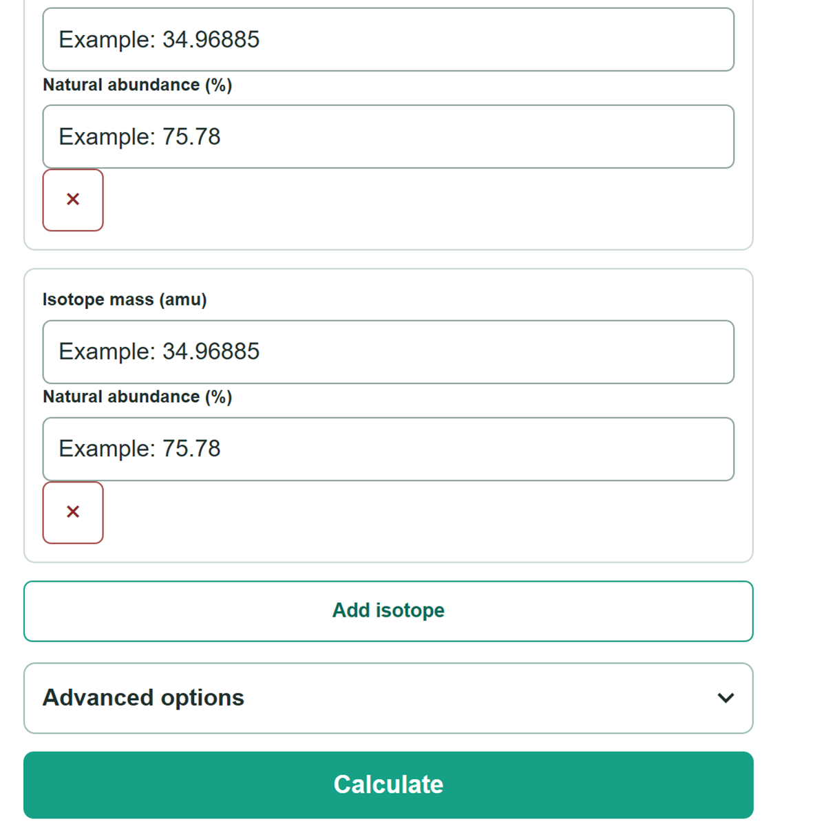 Example inputs for Average Atomic Mass Calculator