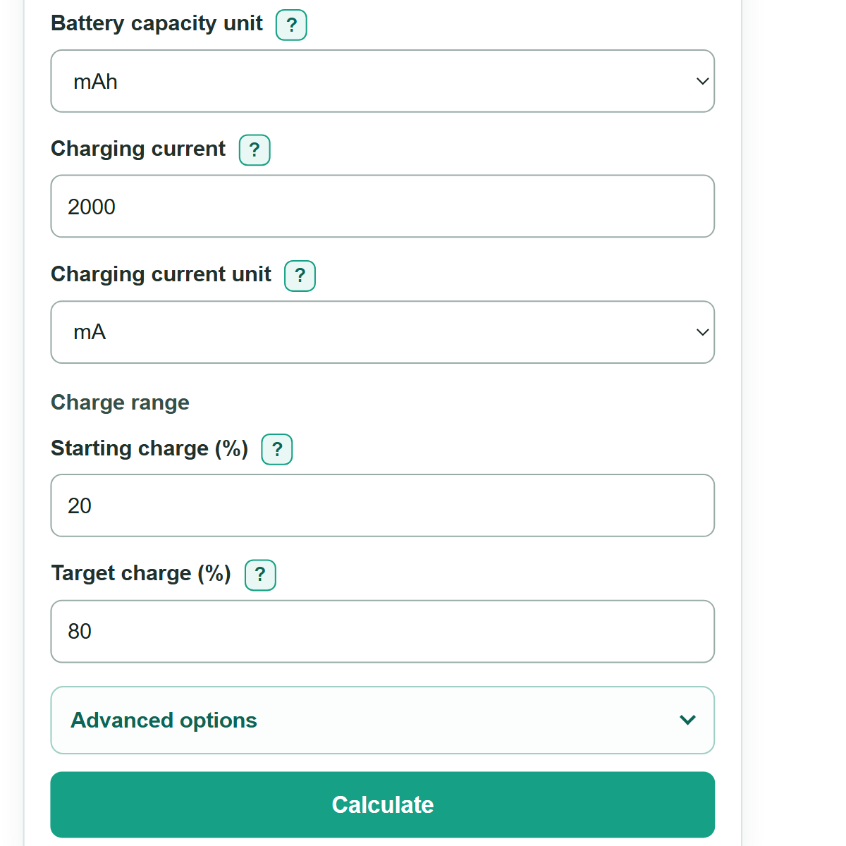 Example inputs for Battery Charge Time Calculator