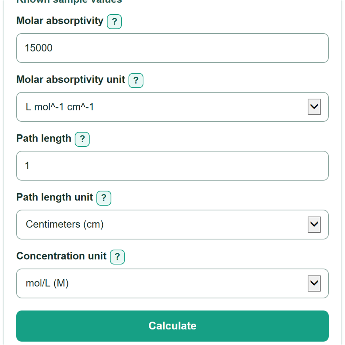 Example inputs for Beer-Lambert Law Calculator